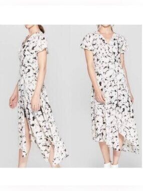 Prologue Womens Floral Wrap Style Dress Black White Abstract Print L